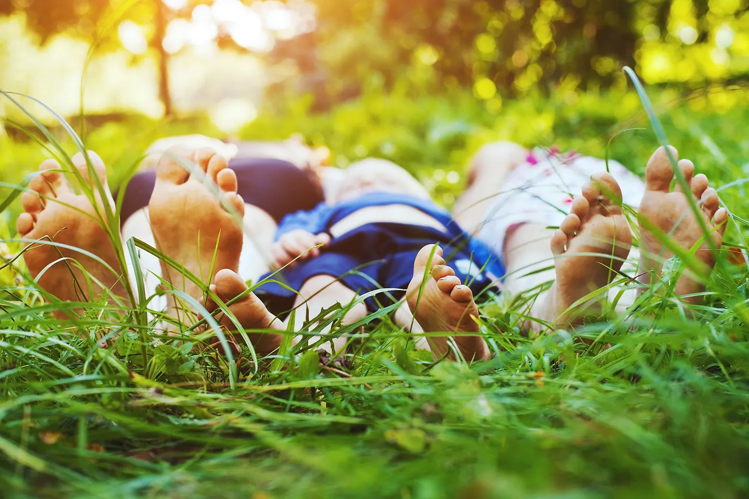 Family lying together in green grass with their bare feet in the foreground.