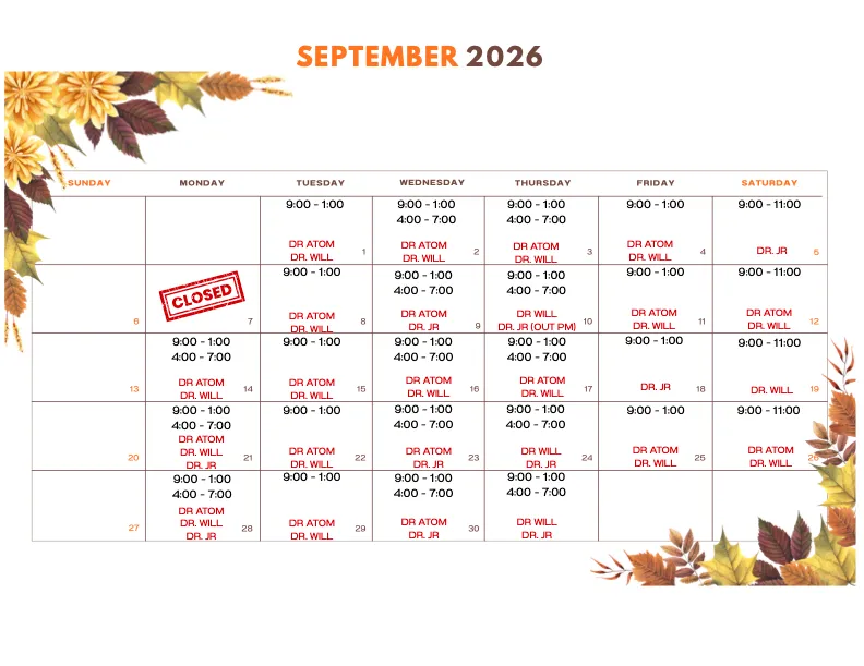 September 2026 Chiro Studio calendar listing daily hours and doctors on duty, closed Monday the 7th.